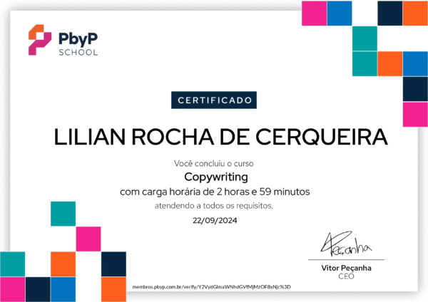Certificado Copywriting PbyP School Lilian Rocha