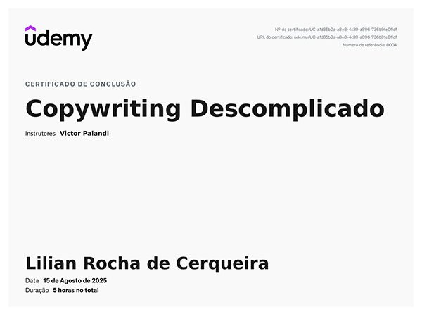 Certificado Copywriting Descomplicado com Victor Palandi